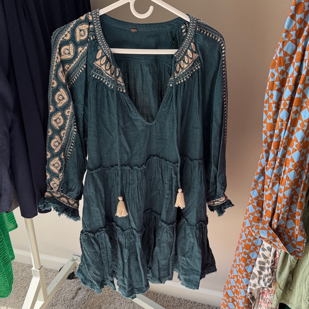 Free People Teal Embroidered Tunic
